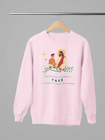 Sudadera con versículo bíblico Proverbios 16:3 – Encomienda tus obras a Yavé