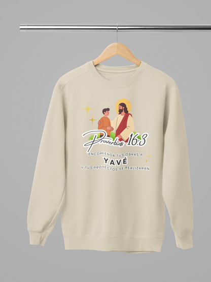 Sudadera con versículo bíblico Proverbios 16:3 – Encomienda tus obras a Yavé