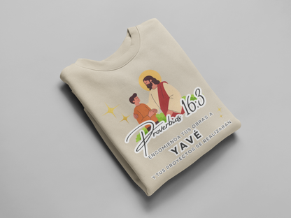 Sudadera con versículo bíblico Proverbios 16:3 – Encomienda tus obras a Yavé
