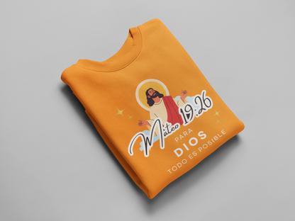 Sudadera con versículo bíblico Mateo 19:26 – Para Dios todo es posible
