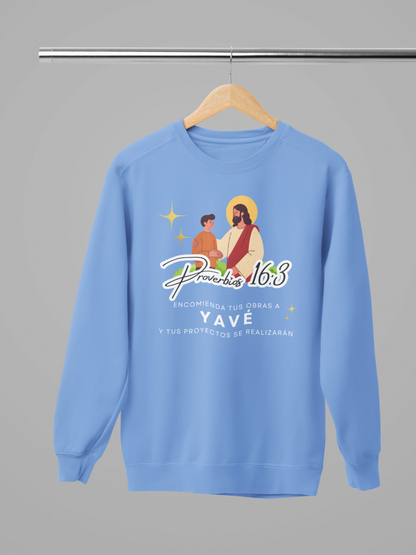 Sudadera con versículo bíblico Proverbios 16:3 – Encomienda tus obras a Yavé