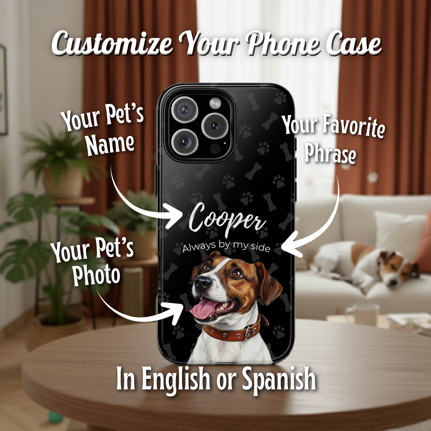 Funda de teléfono personalizada con foto, frase y nombre de tu mascota